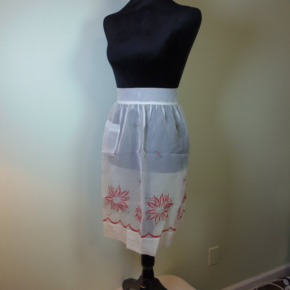 VINTAGE Christmas Apron Sheer White Organza Red Poinsettia w/Pocket and Ties